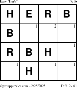 The grouppuzzles.com Easy Herb puzzle for Tuesday February 25, 2025 with the first 2 steps marked