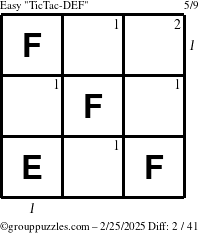 The grouppuzzles.com Easy TicTac-DEF puzzle for Tuesday February 25, 2025 with all 2 steps marked