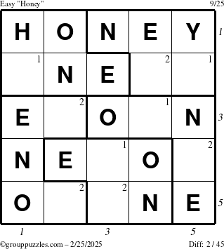 The grouppuzzles.com Easy Honey puzzle for Tuesday February 25, 2025 with all 2 steps marked