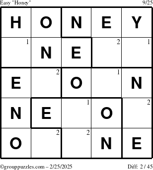 The grouppuzzles.com Easy Honey puzzle for Tuesday February 25, 2025 with the first 2 steps marked