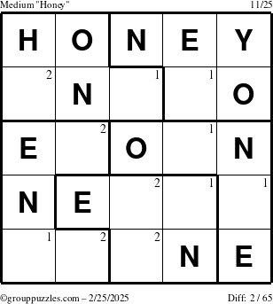 The grouppuzzles.com Medium Honey puzzle for Tuesday February 25, 2025 with the first 2 steps marked
