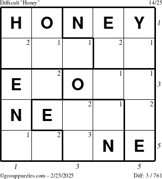 The grouppuzzles.com Difficult Honey puzzle for Tuesday February 25, 2025 with all 3 steps marked