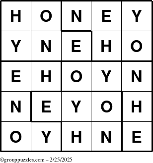 The grouppuzzles.com Answer grid for the Honey puzzle for Tuesday February 25, 2025