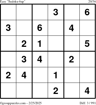 The grouppuzzles.com Easy Sudoku-6up puzzle for Tuesday February 25, 2025