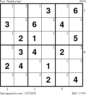 The grouppuzzles.com Easy Sudoku-6up puzzle for Tuesday February 25, 2025 with all 3 steps marked