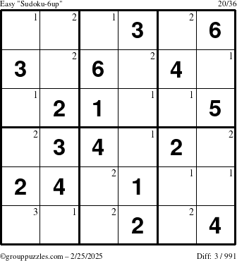 The grouppuzzles.com Easy Sudoku-6up puzzle for Tuesday February 25, 2025 with the first 3 steps marked