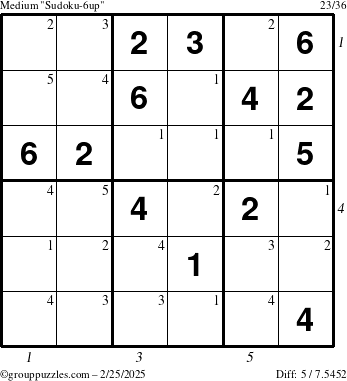 The grouppuzzles.com Medium Sudoku-6up puzzle for Tuesday February 25, 2025 with all 5 steps marked