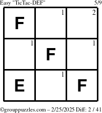 The grouppuzzles.com Easy TicTac-DEF puzzle for Tuesday February 25, 2025 with the first 2 steps marked