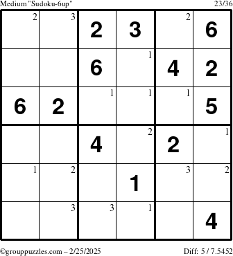 The grouppuzzles.com Medium Sudoku-6up puzzle for Tuesday February 25, 2025 with the first 3 steps marked