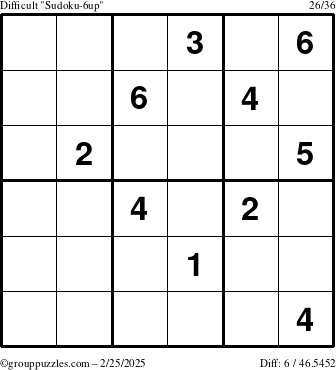 The grouppuzzles.com Difficult Sudoku-6up puzzle for Tuesday February 25, 2025