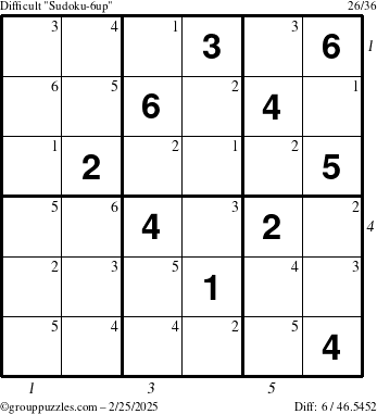 The grouppuzzles.com Difficult Sudoku-6up puzzle for Tuesday February 25, 2025 with all 6 steps marked