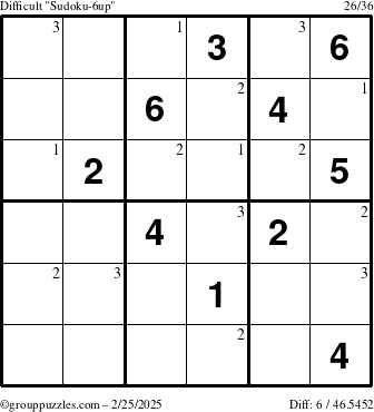 The grouppuzzles.com Difficult Sudoku-6up puzzle for Tuesday February 25, 2025 with the first 3 steps marked