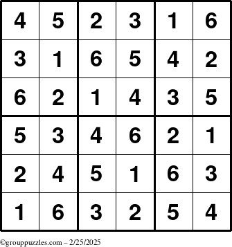 The grouppuzzles.com Answer grid for the Sudoku-6up puzzle for Tuesday February 25, 2025