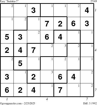 The grouppuzzles.com Easy Sudoku-7 puzzle for Tuesday February 25, 2025 with all 3 steps marked