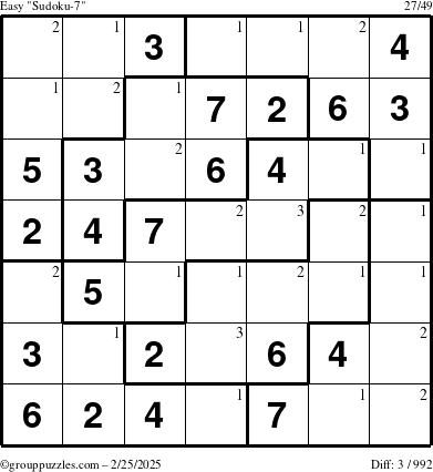 The grouppuzzles.com Easy Sudoku-7 puzzle for Tuesday February 25, 2025 with the first 3 steps marked