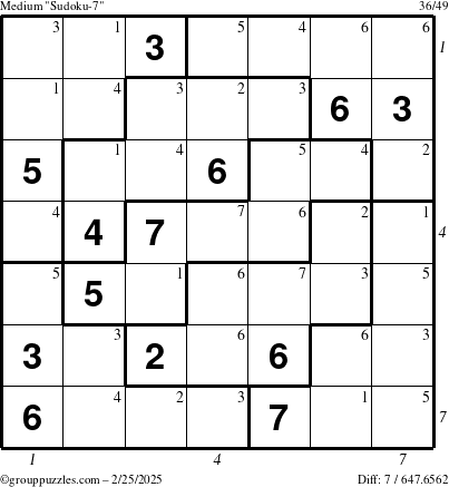 The grouppuzzles.com Medium Sudoku-7 puzzle for Tuesday February 25, 2025 with all 7 steps marked