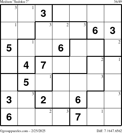 The grouppuzzles.com Medium Sudoku-7 puzzle for Tuesday February 25, 2025 with the first 3 steps marked