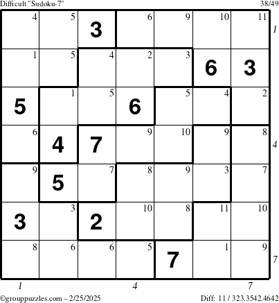 The grouppuzzles.com Difficult Sudoku-7 puzzle for Tuesday February 25, 2025 with all 11 steps marked