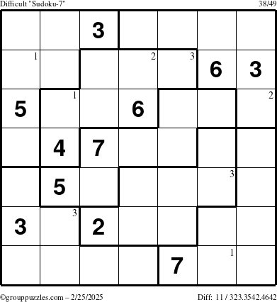 The grouppuzzles.com Difficult Sudoku-7 puzzle for Tuesday February 25, 2025 with the first 3 steps marked