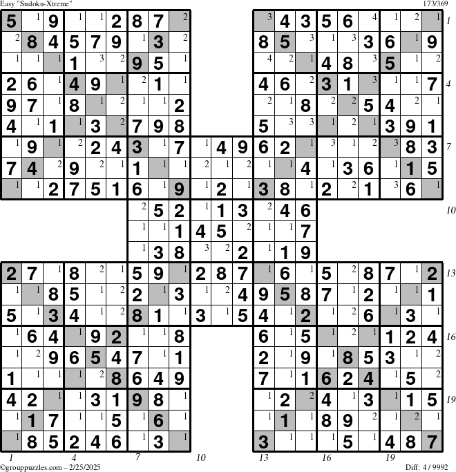 The grouppuzzles.com Easy Sudoku-Xtreme puzzle for Tuesday February 25, 2025 with all 4 steps marked