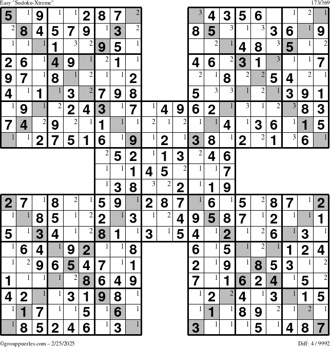 The grouppuzzles.com Easy Sudoku-Xtreme puzzle for Tuesday February 25, 2025 with the first 3 steps marked