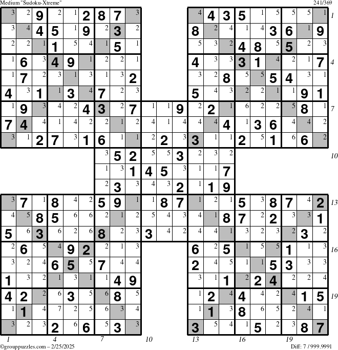 The grouppuzzles.com Medium Sudoku-Xtreme puzzle for Tuesday February 25, 2025, suitable for printing, with all 7 steps marked