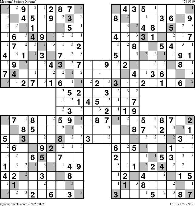 The grouppuzzles.com Medium Sudoku-Xtreme puzzle for Tuesday February 25, 2025 with the first 3 steps marked