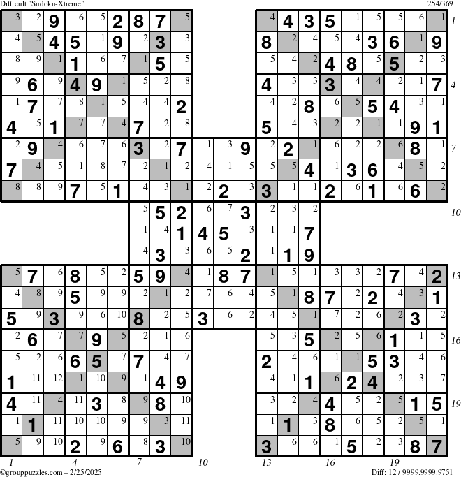 The grouppuzzles.com Difficult Sudoku-Xtreme puzzle for Tuesday February 25, 2025 with all 12 steps marked