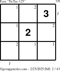 The grouppuzzles.com Easy TicTac-123 puzzle for Tuesday February 25, 2025 with all 2 steps marked