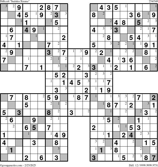 The grouppuzzles.com Difficult Sudoku-Xtreme puzzle for Tuesday February 25, 2025 with the first 3 steps marked