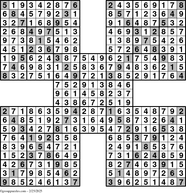 The grouppuzzles.com Answer grid for the Sudoku-Xtreme puzzle for Tuesday February 25, 2025