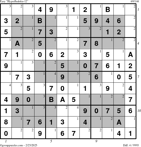 The grouppuzzles.com Easy HyperSudoku-12 puzzle for Tuesday February 25, 2025 with all 4 steps marked