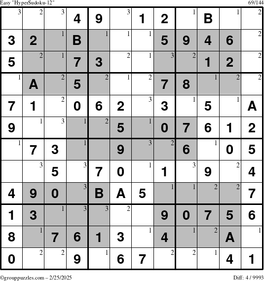 The grouppuzzles.com Easy HyperSudoku-12 puzzle for Tuesday February 25, 2025 with the first 3 steps marked