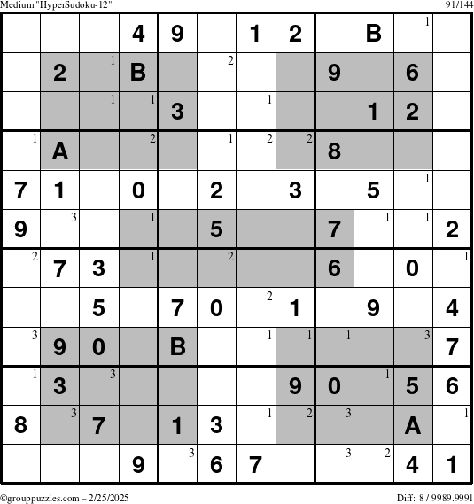 The grouppuzzles.com Medium HyperSudoku-12 puzzle for Tuesday February 25, 2025 with the first 3 steps marked