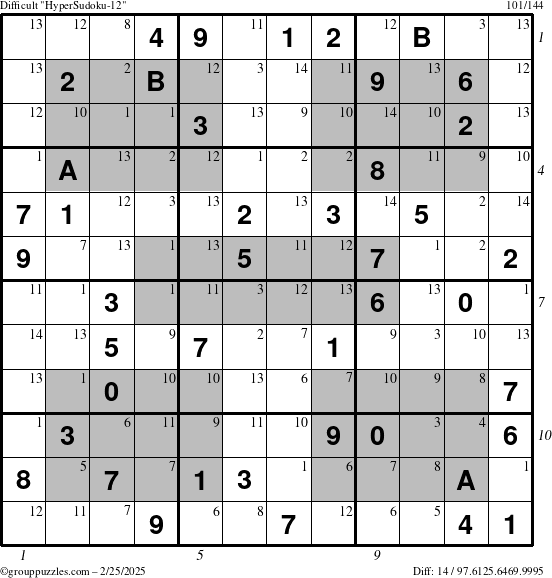 The grouppuzzles.com Difficult HyperSudoku-12 puzzle for Tuesday February 25, 2025, suitable for printing, with all 14 steps marked