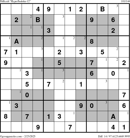 The grouppuzzles.com Difficult HyperSudoku-12 puzzle for Tuesday February 25, 2025 with the first 3 steps marked