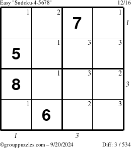 The grouppuzzles.com Easy Sudoku-4-5678 puzzle for Friday September 20, 2024, suitable for printing, with all 3 steps marked