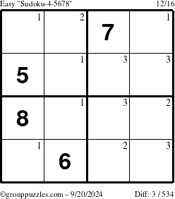 The grouppuzzles.com Easy Sudoku-4-5678 puzzle for Friday September 20, 2024 with the first 3 steps marked