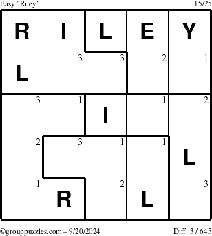 The grouppuzzles.com Easy Riley puzzle for Friday September 20, 2024 with the first 3 steps marked