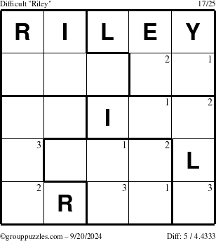 The grouppuzzles.com Difficult Riley puzzle for Friday September 20, 2024 with the first 3 steps marked