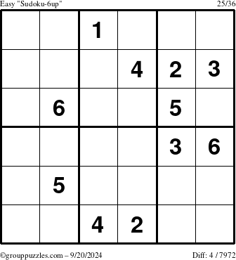 The grouppuzzles.com Easy Sudoku-6up puzzle for Friday September 20, 2024