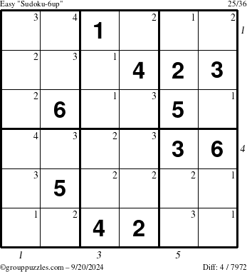 The grouppuzzles.com Easy Sudoku-6up puzzle for Friday September 20, 2024, suitable for printing, with all 4 steps marked