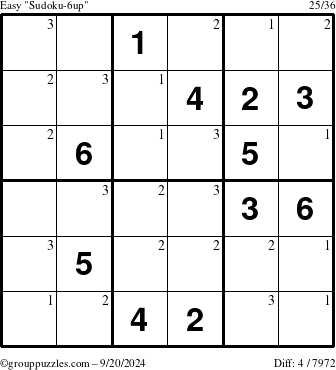 The grouppuzzles.com Easy Sudoku-6up puzzle for Friday September 20, 2024 with the first 3 steps marked