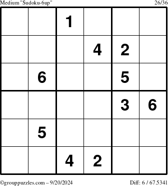 The grouppuzzles.com Medium Sudoku-6up puzzle for Friday September 20, 2024