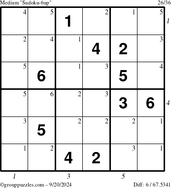 The grouppuzzles.com Medium Sudoku-6up puzzle for Friday September 20, 2024, suitable for printing, with all 6 steps marked