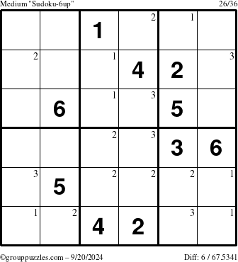 The grouppuzzles.com Medium Sudoku-6up puzzle for Friday September 20, 2024 with the first 3 steps marked