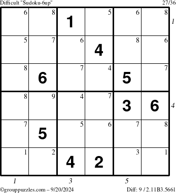 The grouppuzzles.com Difficult Sudoku-6up puzzle for Friday September 20, 2024 with all 9 steps marked