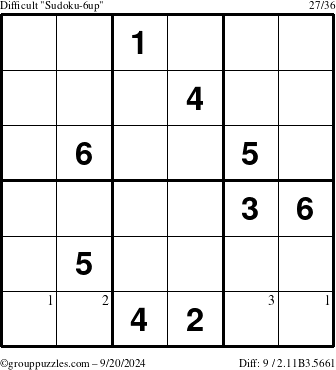 The grouppuzzles.com Difficult Sudoku-6up puzzle for Friday September 20, 2024 with the first 3 steps marked