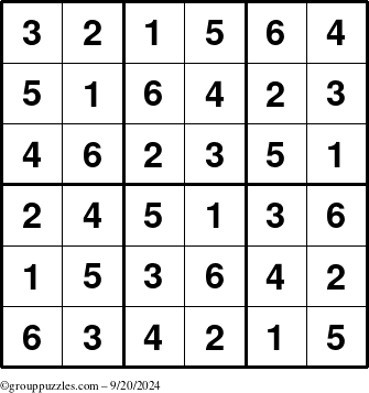 The grouppuzzles.com Answer grid for the Sudoku-6up puzzle for Friday September 20, 2024