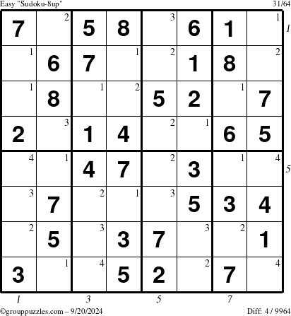 The grouppuzzles.com Easy Sudoku-8up puzzle for Friday September 20, 2024 with all 4 steps marked